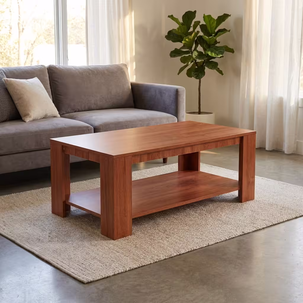 1.2m wooden coffee table with storage shelf for office reception and lounge areas.