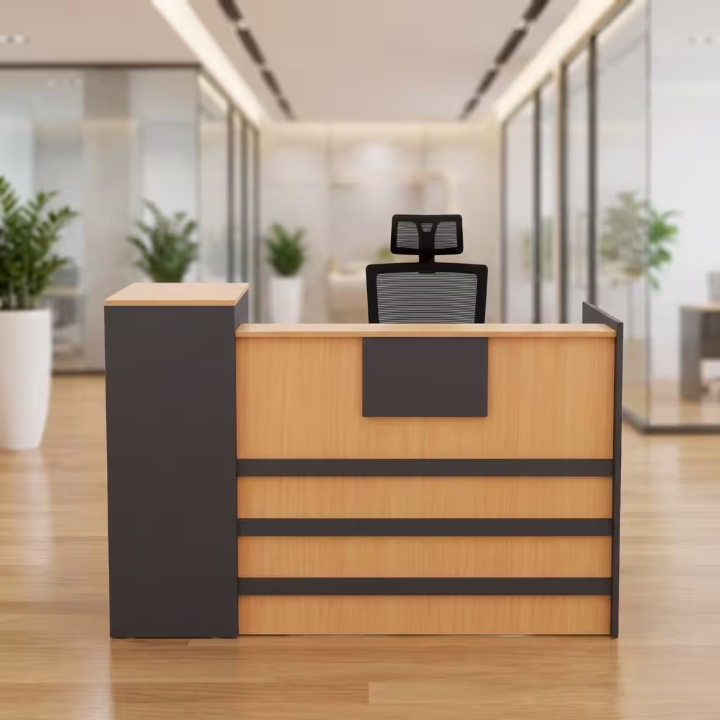 1.6m Reception Desk featuring a contemporary wood-look front, dark side panels, structured reception counter, and professional design for modern office entry areas