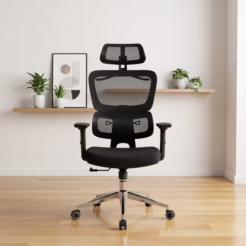 Professional Orthopedic High-Back Mesh Office Chair with adjustable headrest, ergonomic lumbar support, and polished chrome base on a modern wooden floor.