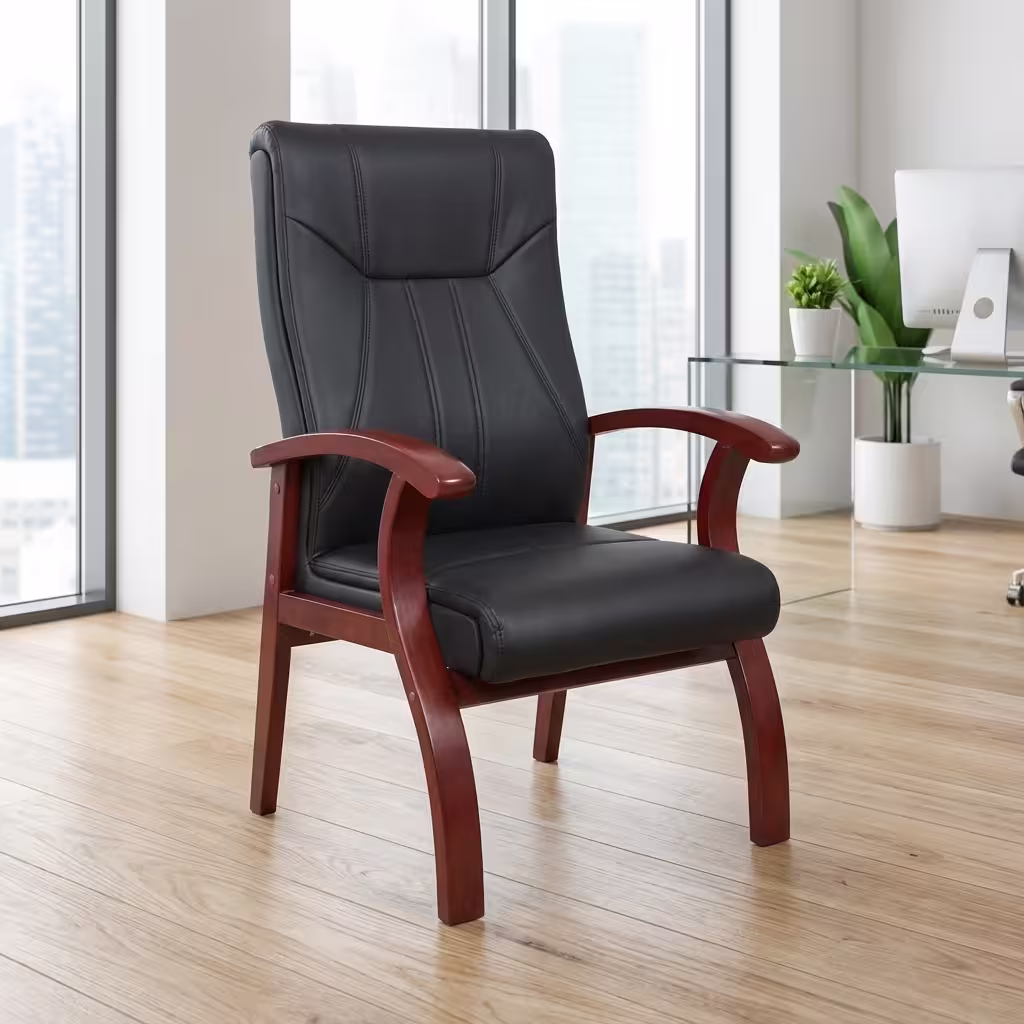Executive Visitor Office Chair with cushioned high-back seat, wooden armrests, and sturdy wooden legs for professional office spaces