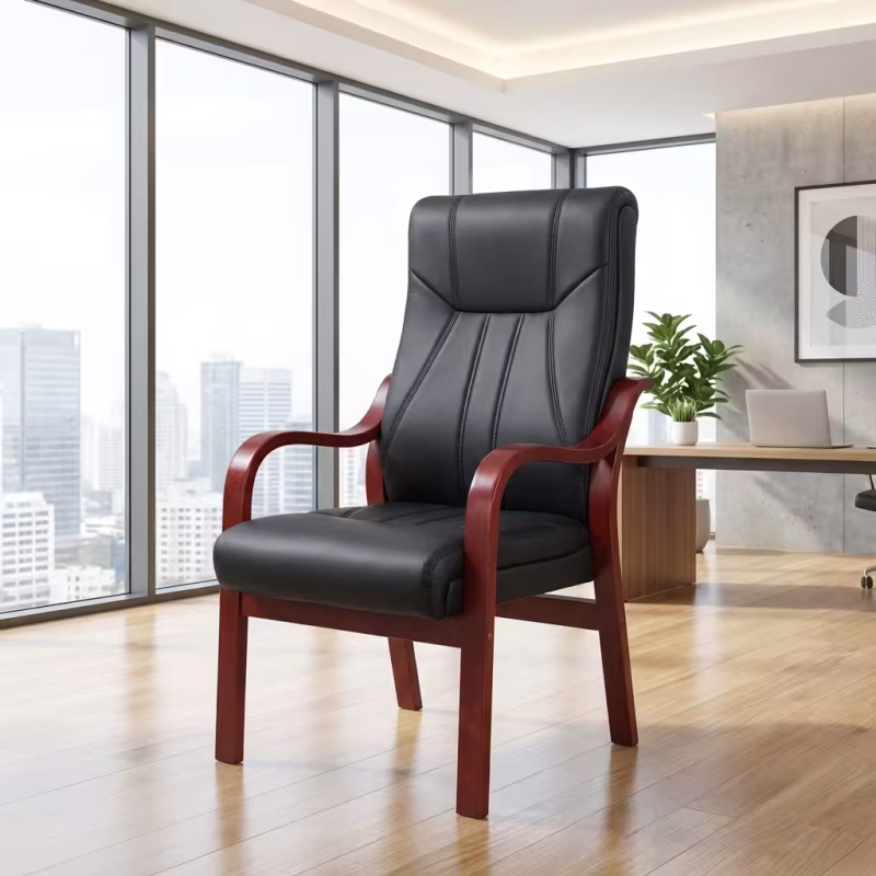 Executive Visitor Office Chair with cushioned high-back seat, wooden armrests, and sturdy wooden legs for professional office spaces