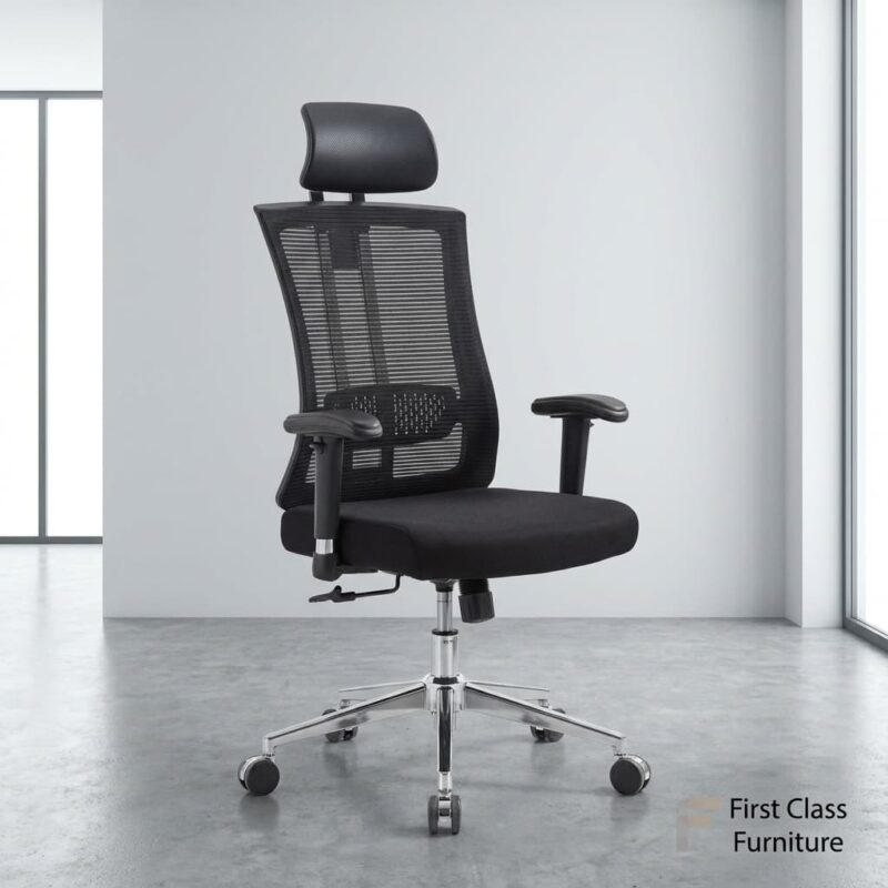 High Back Office Chair with mesh backrest, adjustable headrest, padded seat, and chrome base for modern office use