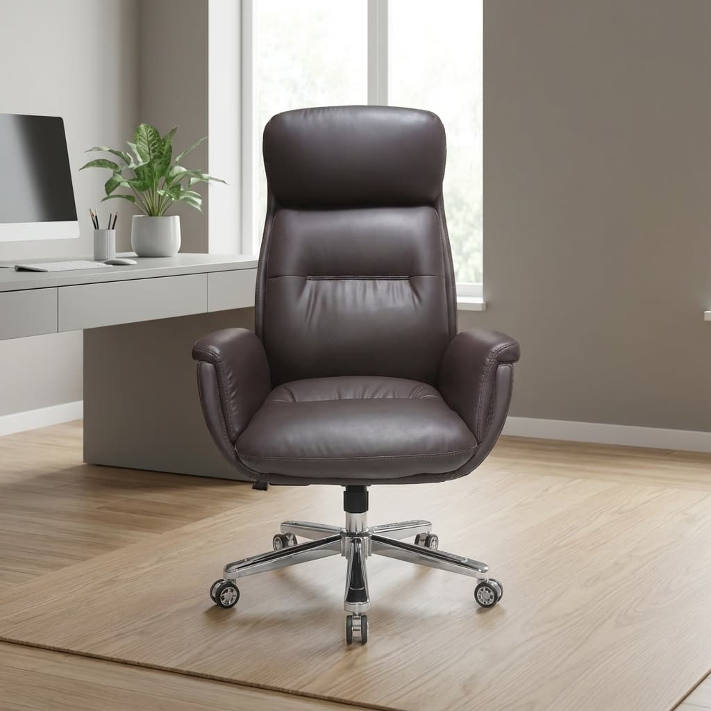 High-back executive leather chair featuring padded seat, cushioned armrests, chrome swivel base, smooth castor wheels, and ergonomic design in a modern office environment