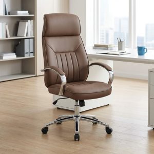Brown executive office leather chair with high back design, ergonomic lumbar support, padded seat, and adjustable swivel base for modern office workspace