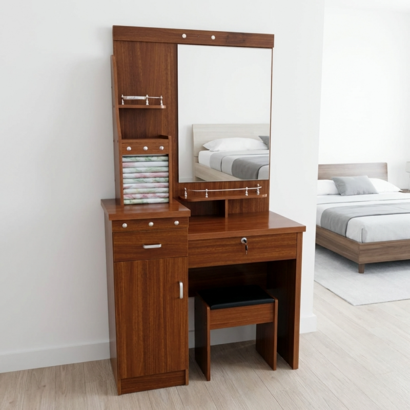 Elegant wooden dressing table with full-length mirror, spacious drawers, and cushioned stool for bedroom vanity and personal grooming