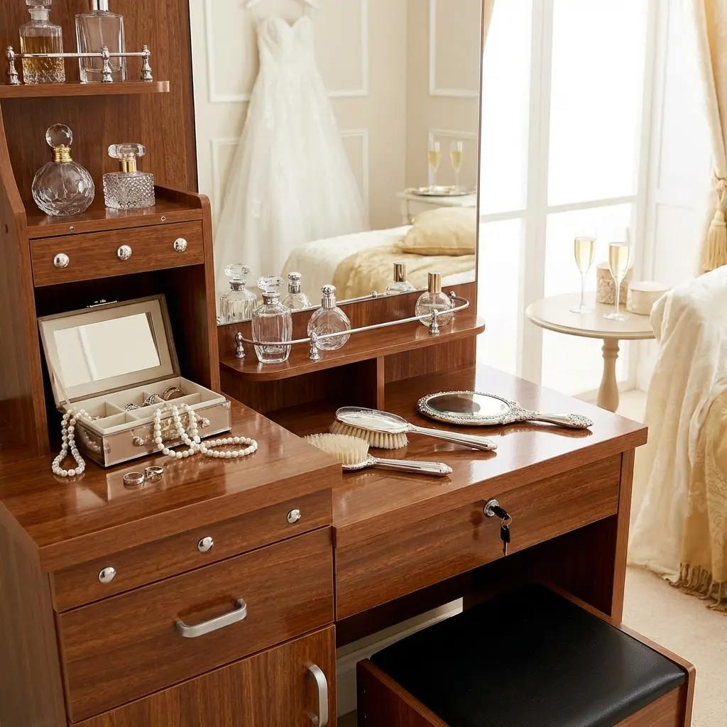 Elegant wooden dressing table with full-length mirror, spacious drawers, and cushioned stool for bedroom vanity and personal grooming