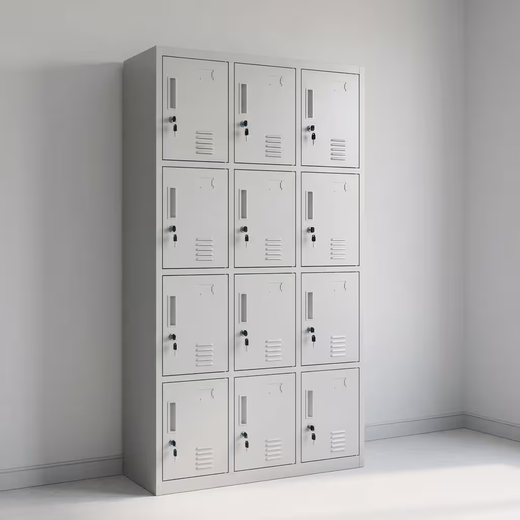 12 Compartment Steel Cabinet featuring a dark gray outer frame, twelve light gray vertical doors arranged in three rows, individual key locks, and ventilation louvers.