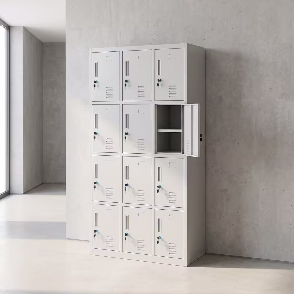 12 Compartment Steel Cabinet featuring a dark gray outer frame, twelve light gray vertical doors arranged in three rows, individual key locks, and ventilation louvers.