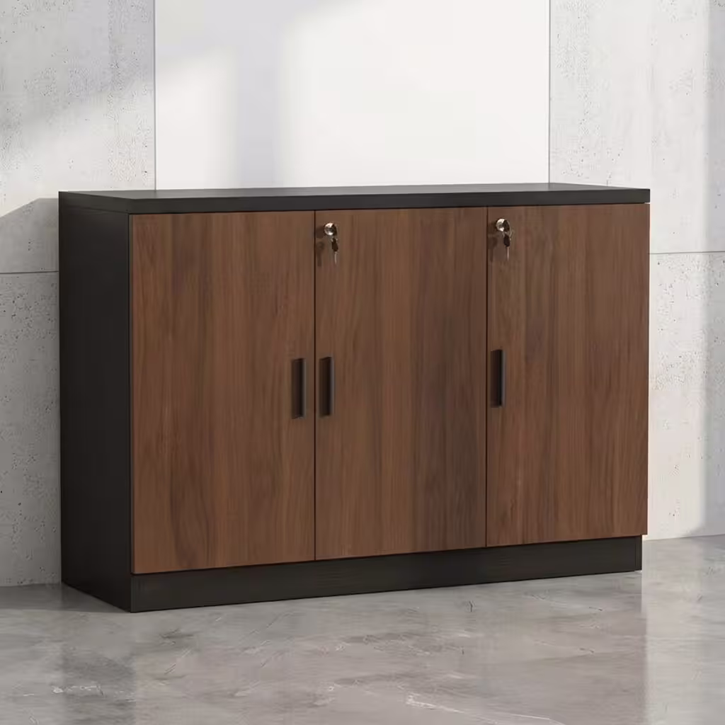3 Door Office Storage Cabinet featuring a matte black outer frame, three vertical walnut wood grain doors, sleek black handles, and individual top key locks.