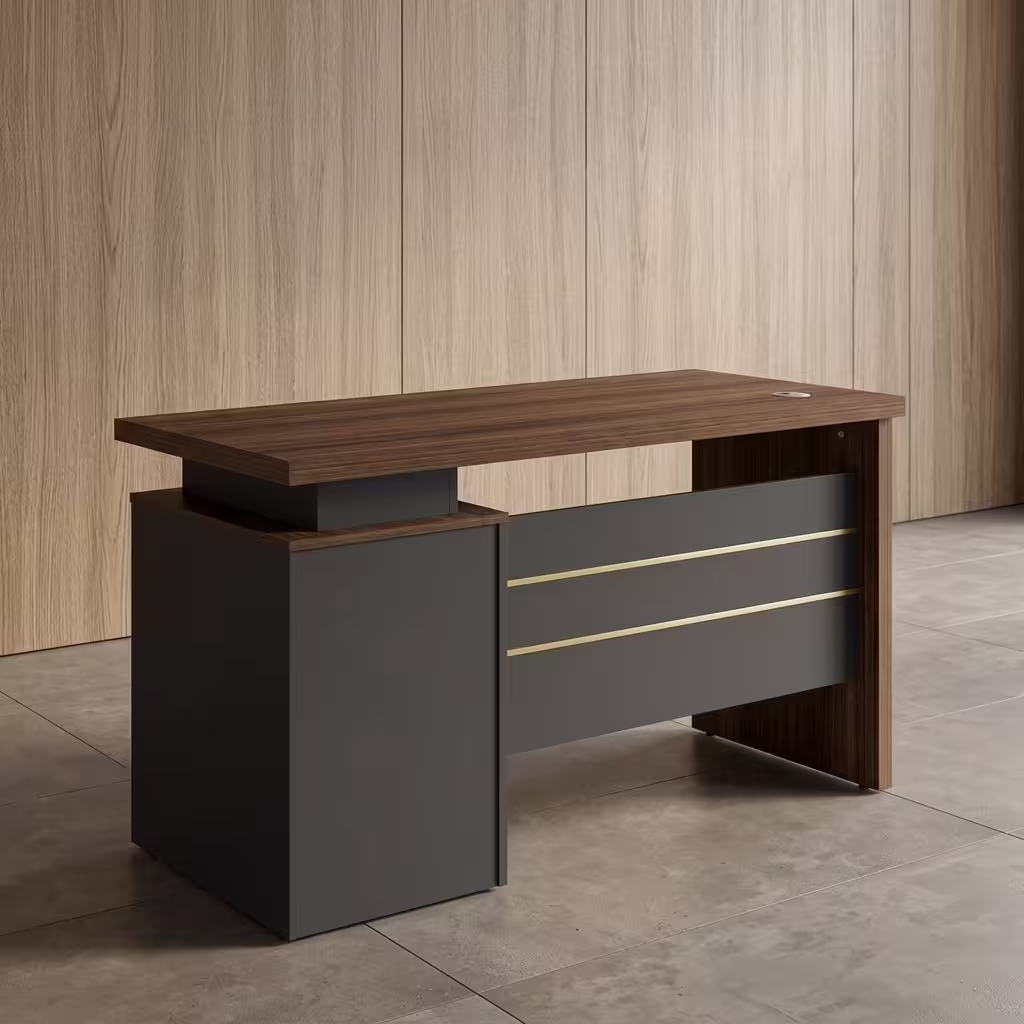 1.2M Walnut Grey Executive Desk featuring a thick walnut wood grain floating tabletop, an integrated charcoal grey side storage pedestal, and a grey modesty panel with horizontal gold accent stripes.
