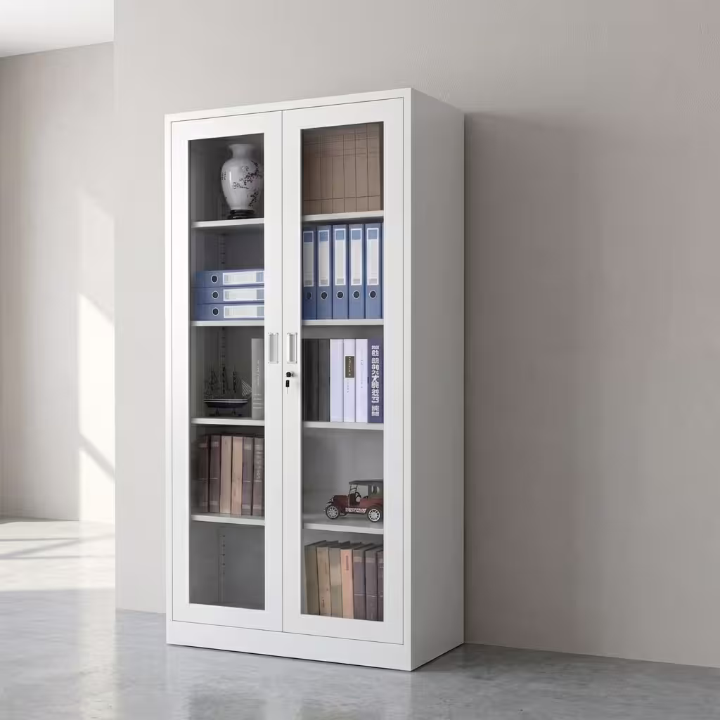2 Door Glass Office Cabinet featuring a white powder-coated steel frame, two full-length glass doors, chrome vertical handles with a key lock, and multi-tier shelving holding binders and books.