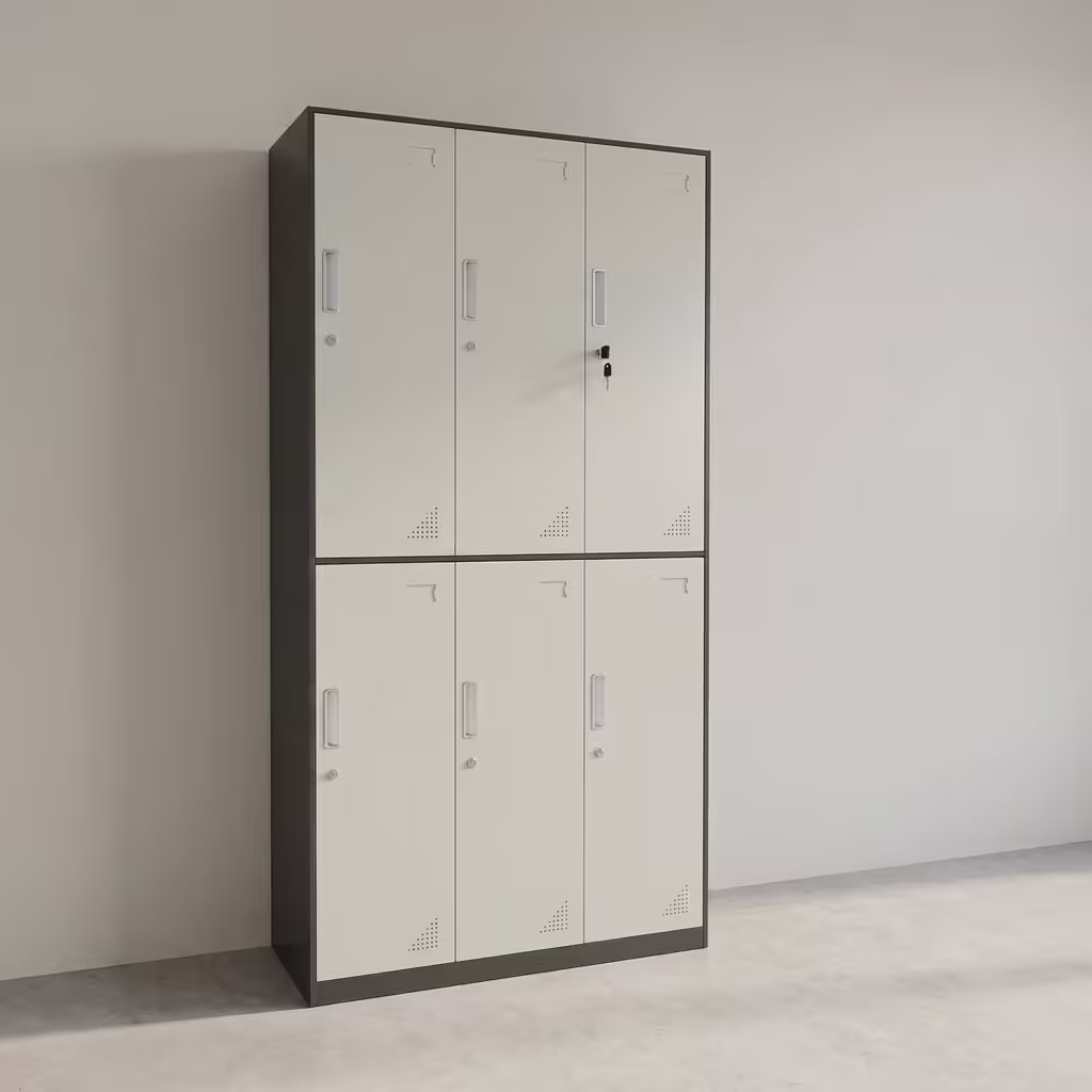 6 Door Steel Office Locker featuring a dark gray frame, six light gray vertical doors arranged in two tiers, individual key locks, and ventilation louvers.