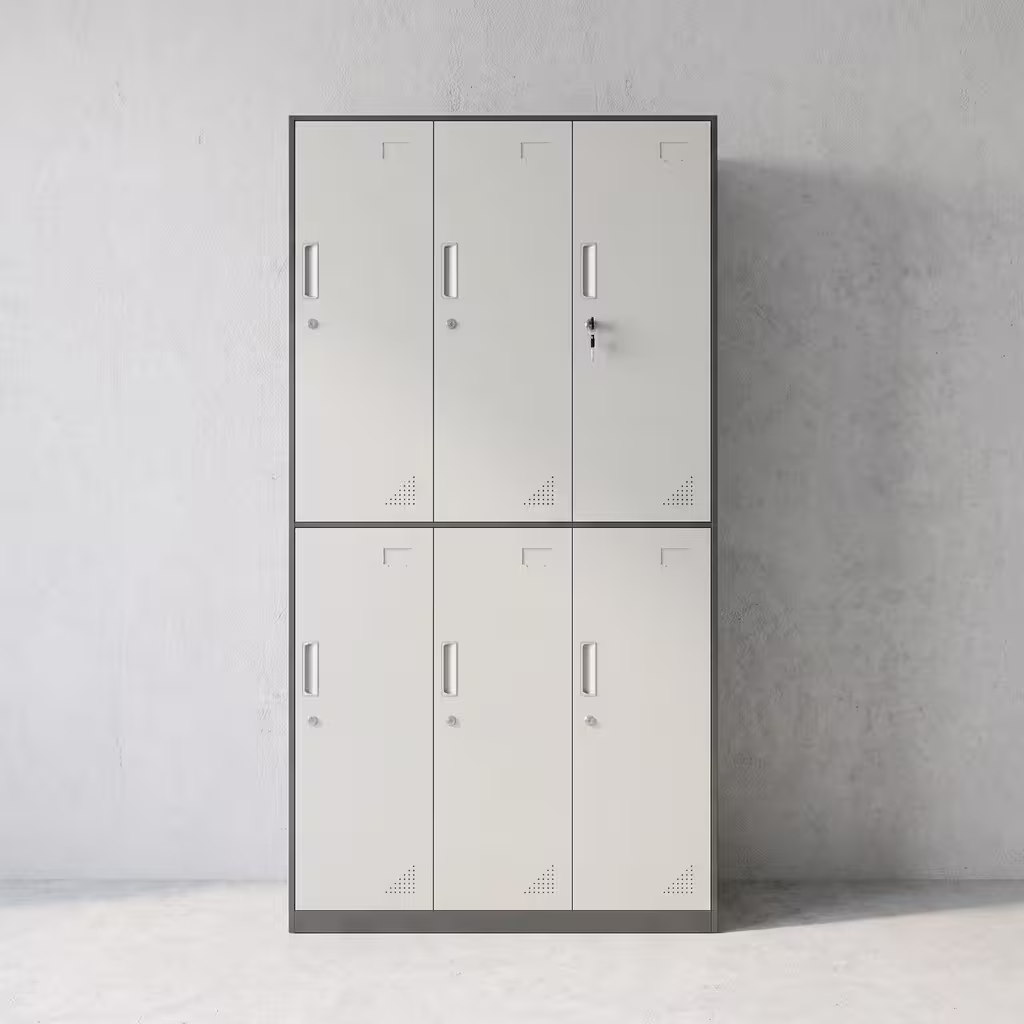 6 Door Steel Office Locker featuring a dark gray frame, six light gray vertical doors arranged in two tiers, individual key locks, and ventilation louvers.