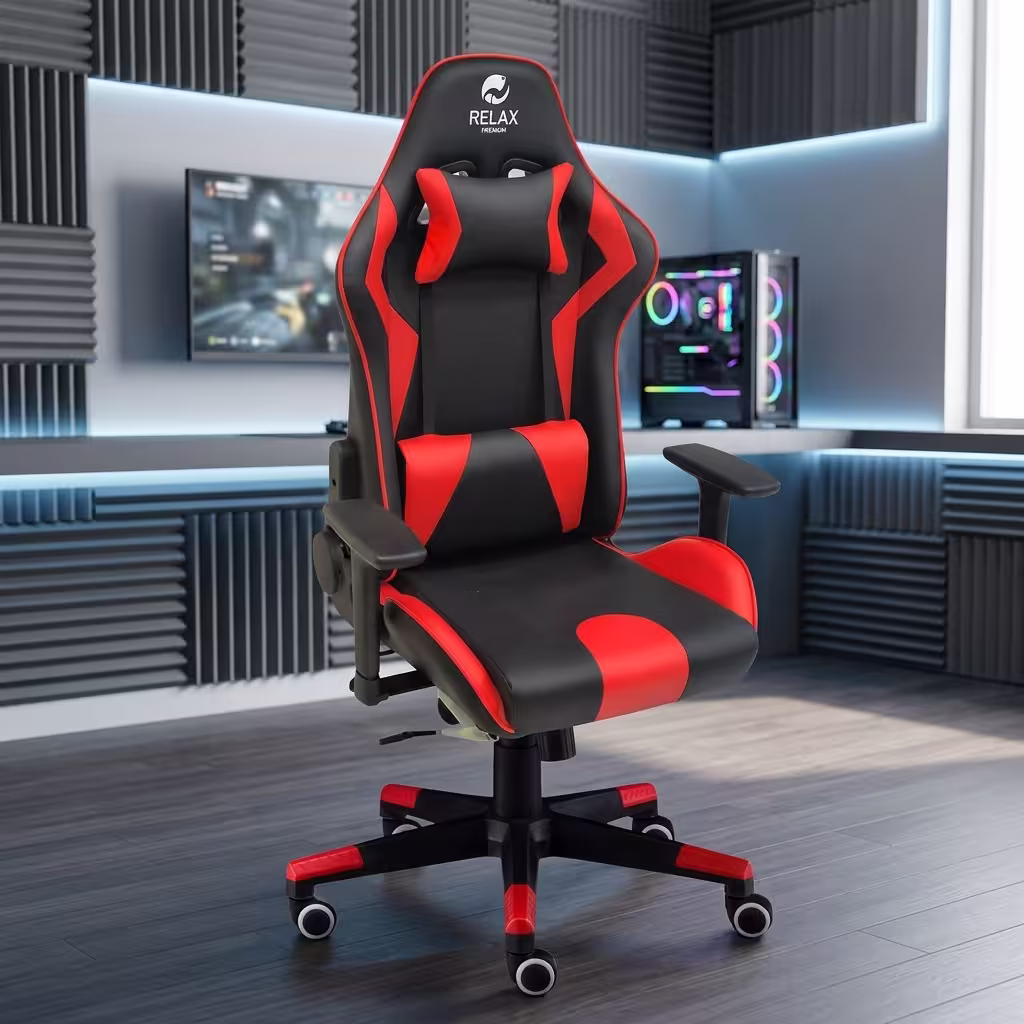 High Back Racing Gaming Chair featuring a black and red faux leather bucket seat, adjustable lumbar and headrest pillows, and a five-star nylon rolling base.
