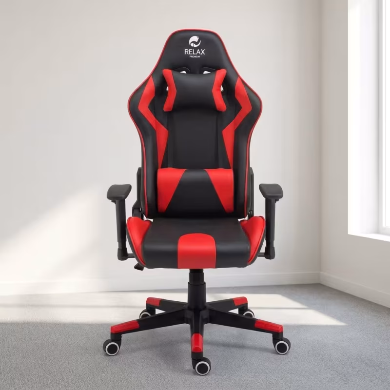 High Back Racing Gaming Chair featuring a black and red faux leather bucket seat, adjustable lumbar and headrest pillows, and a five-star nylon rolling base.