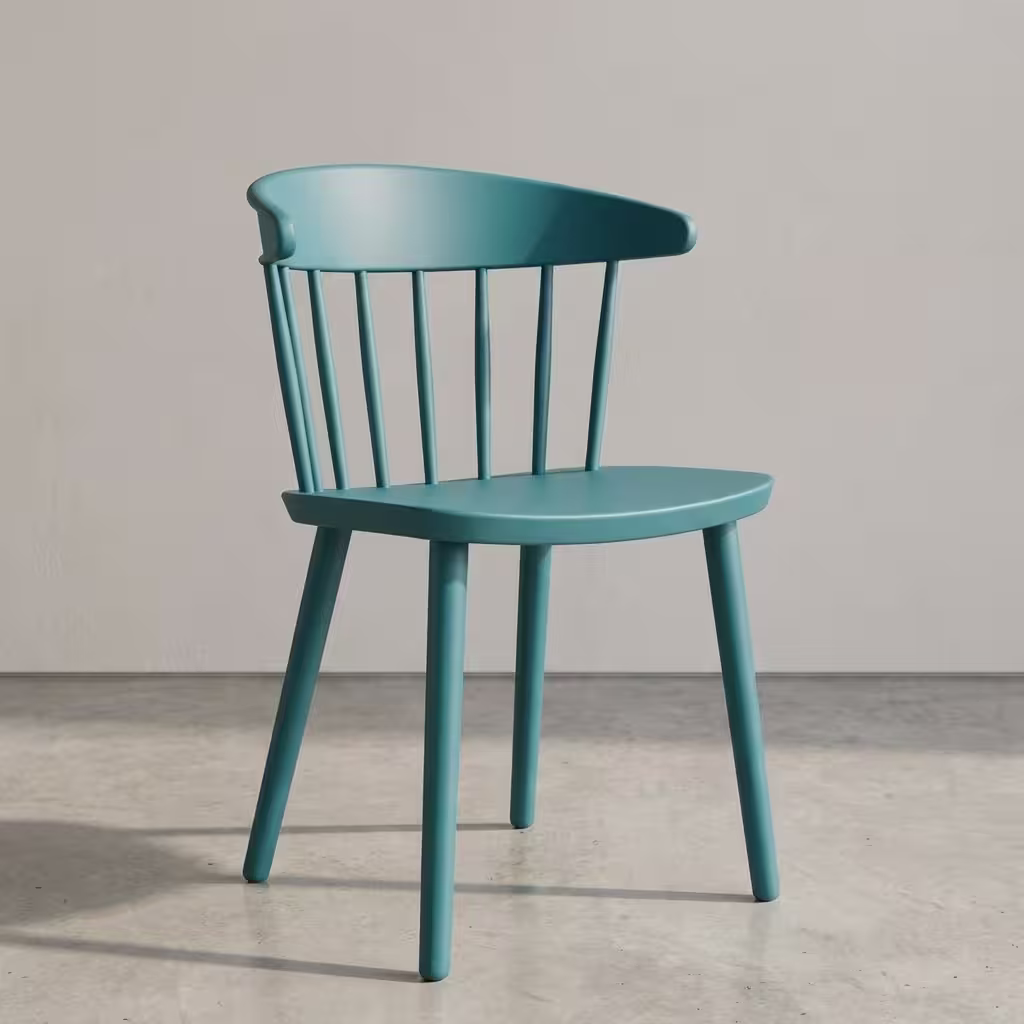 Nordic Style Teal Accent Chair featuring a matte teal blue finish, a curved wraparound backrest with vertical spindles, and four tapered round legs.