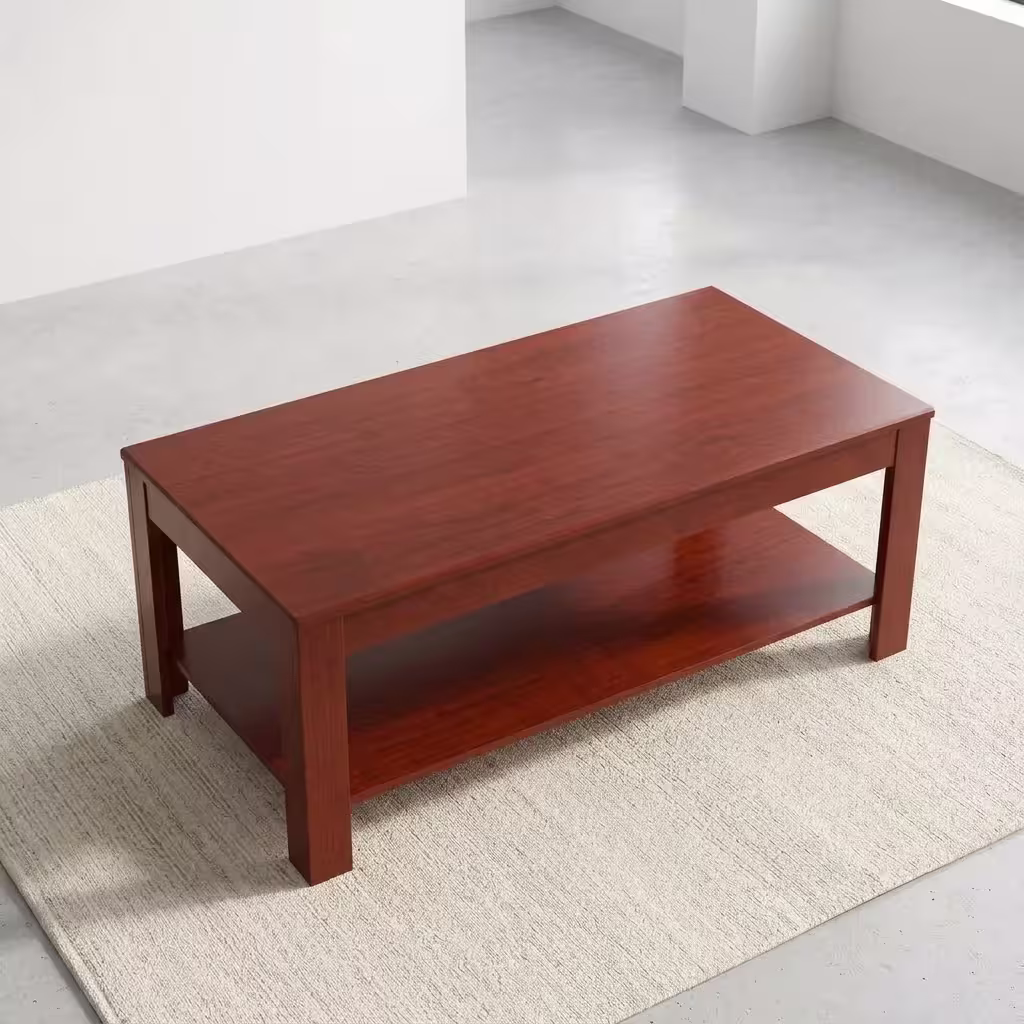 2 Tier Wooden Coffee Table featuring a rectangular shape, a rich reddish-brown wood finish, four solid square legs, and an integrated full-length lower storage shelf.