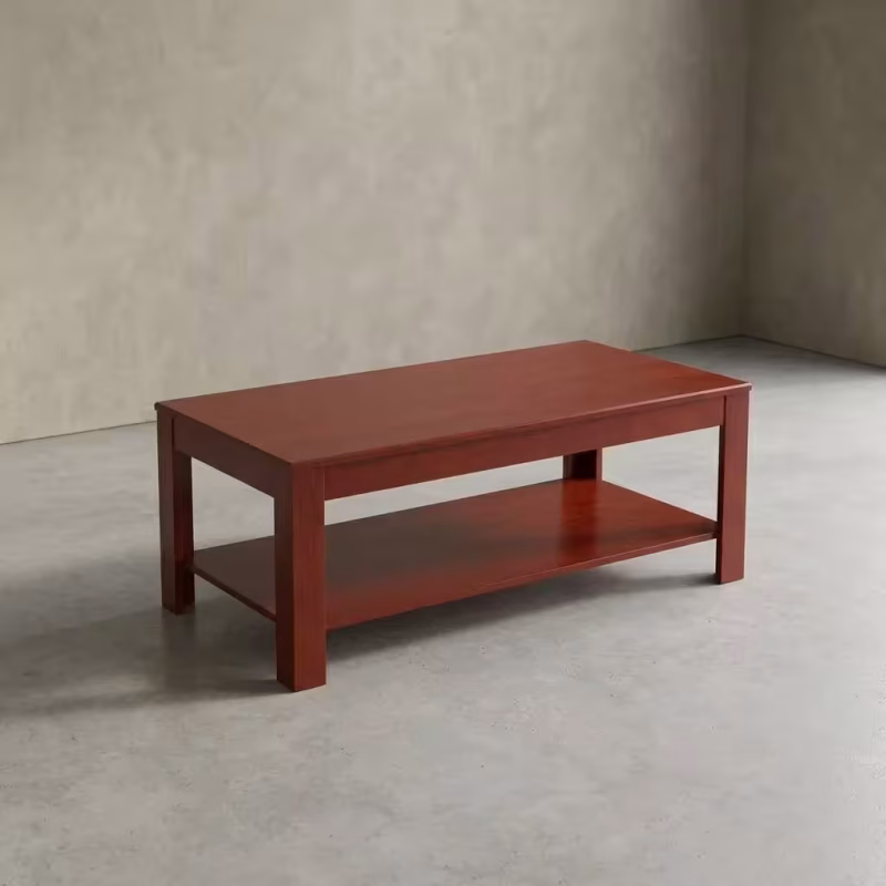 2 Tier Wooden Coffee Table featuring a rectangular shape, a rich reddish-brown wood finish, four solid square legs, and an integrated full-length lower storage shelf.