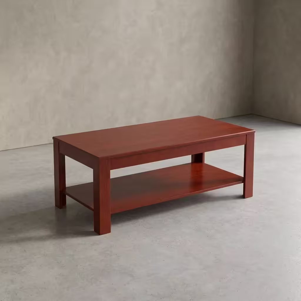 2 Tier Wooden Coffee Table featuring a rectangular shape, a rich reddish-brown wood finish, four solid square legs, and an integrated full-length lower storage shelf.