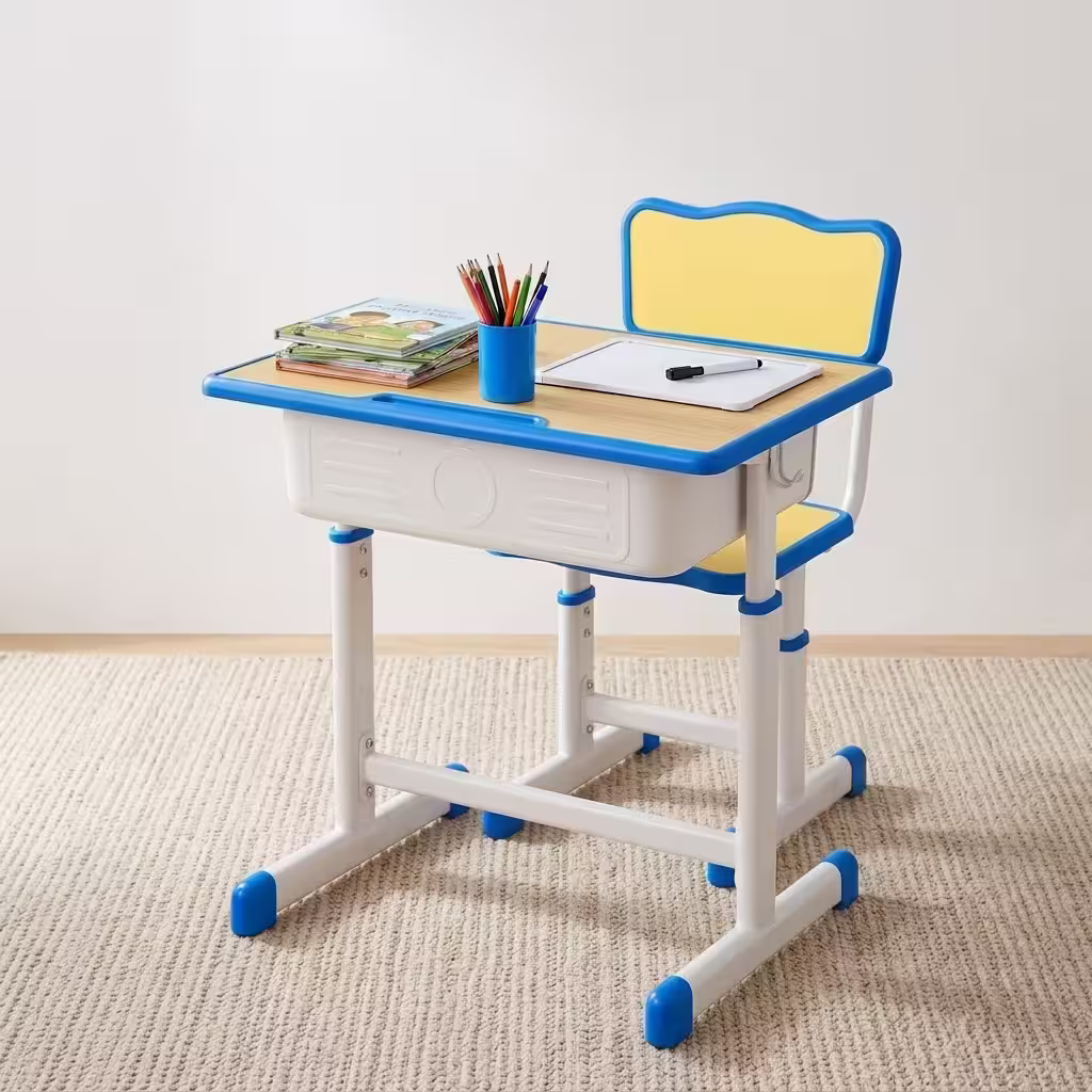 Adjustable Kids Desk Chair Set featuring a height-adjustable white steel frame with blue accents, a wood grain tabletop with a built-in storage cubby, and a matching blue and yellow plastic chair.