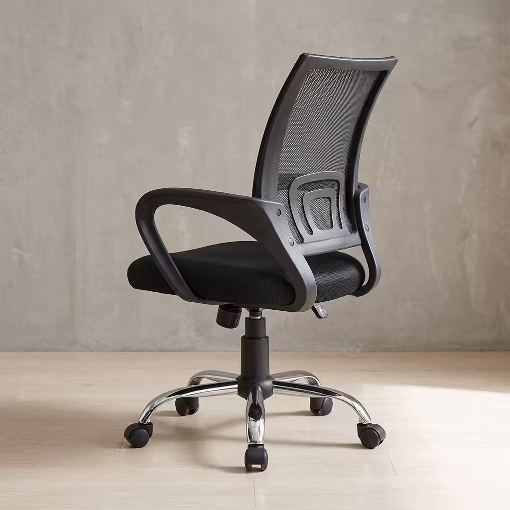 Ergonomic Black Mesh Office Chair featuring a breathable black mesh backrest, an adjustable lumbar bracket, fixed curved armrests, a black fabric seat, and a polished chrome five-star rolling base.