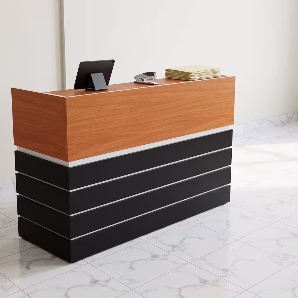 Modern Wood Reception Desk 2M featuring a cherry wood grain upper transaction top, a 2-meter length, and a layered matte black slatted base with thin silver accent lines.