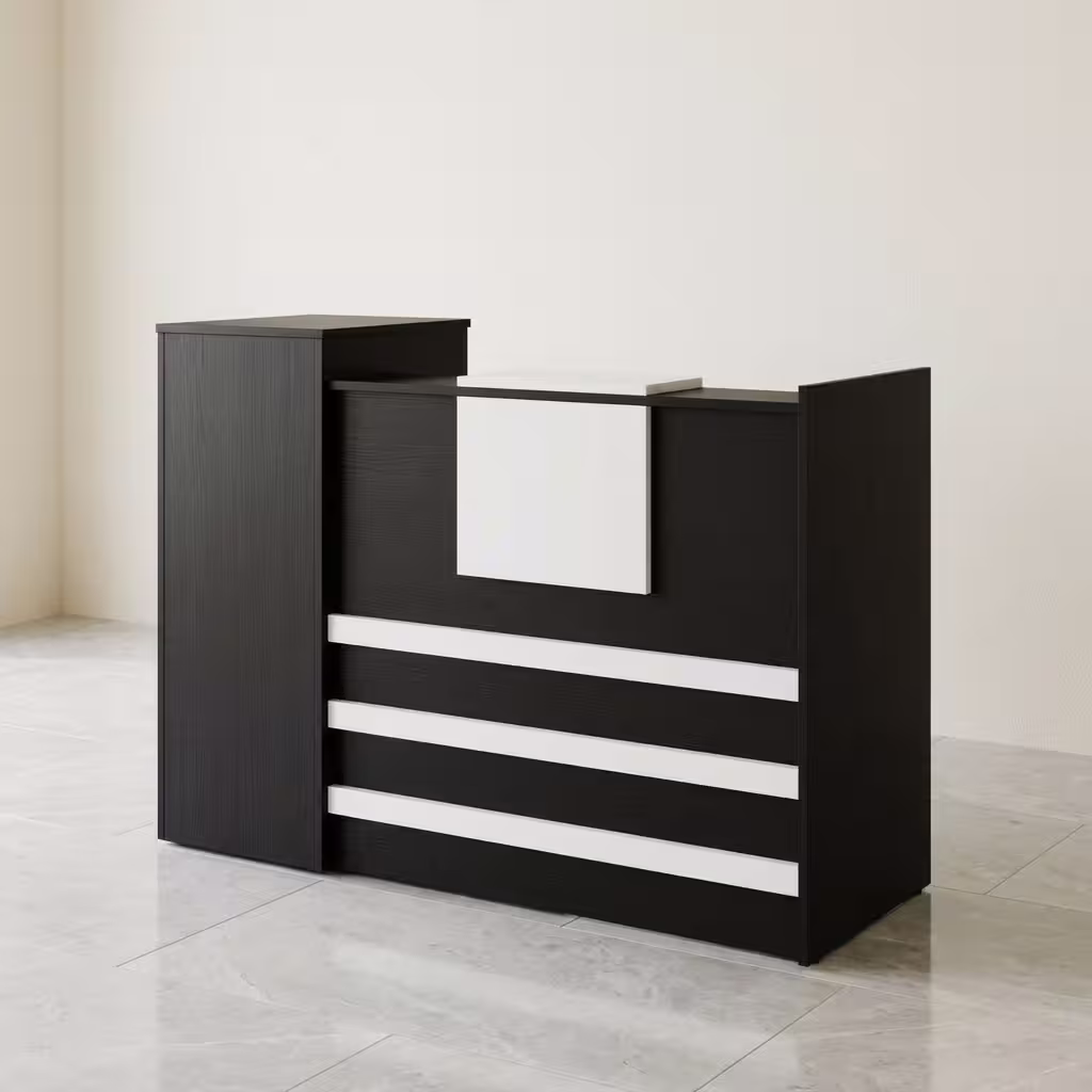 1.4M Executive Office Reception Desk featuring a dark charcoal wood grain finish, a prominent white upper transaction panel, three white horizontal accent stripes, and a raised left-side column.