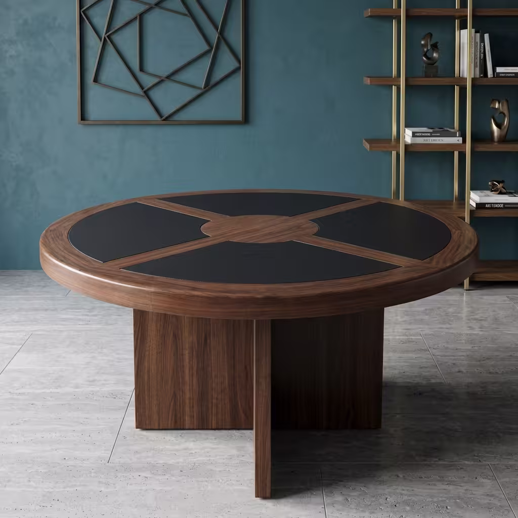 Round Wood Executive Boardroom Table featuring a circular walnut wood top inlaid with four curved black leather writing pads, supported by an intersecting wooden panel pedestal base.