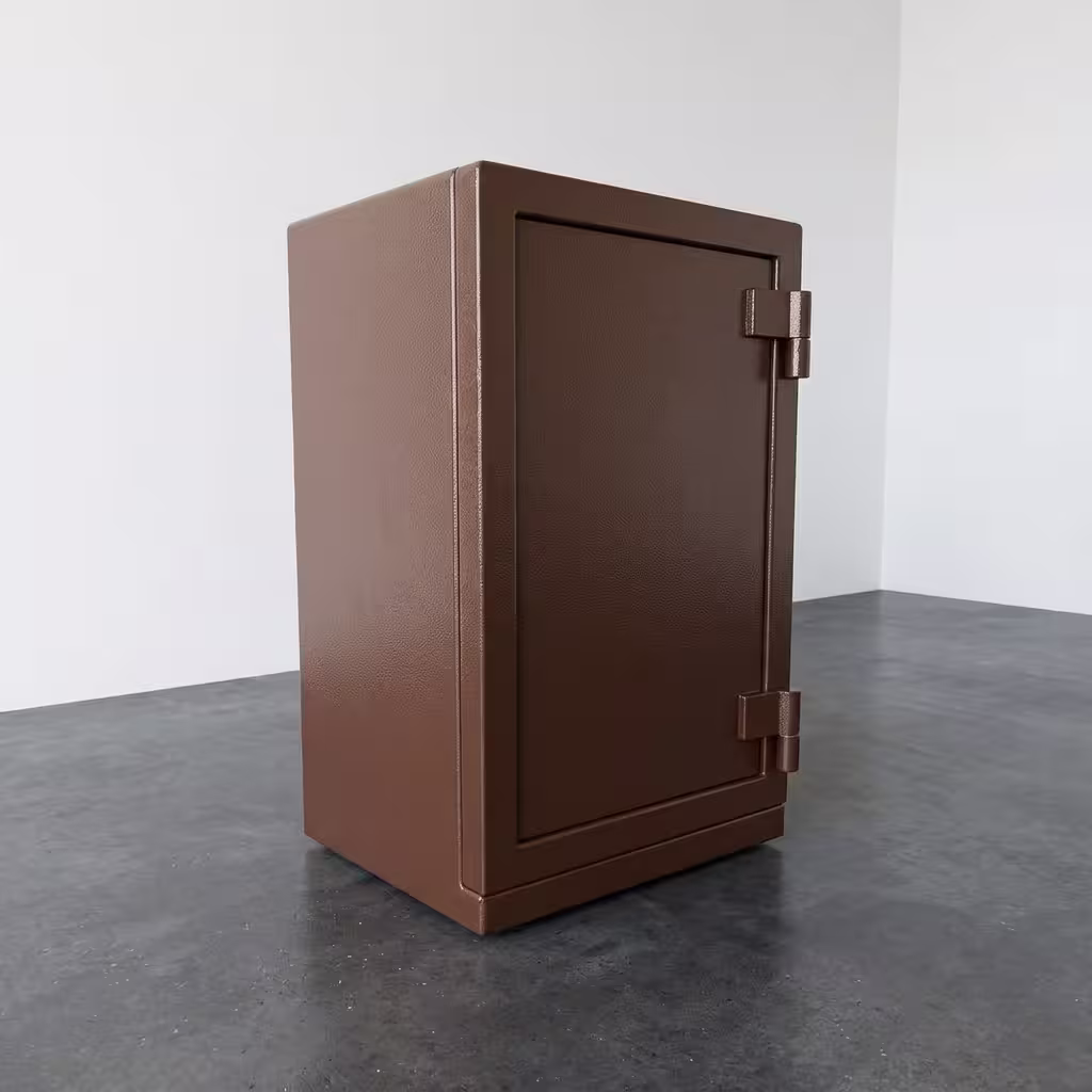 Fireproof Steel Security Safe Box featuring a matte bronze finish, an open reinforced door with thick metallic locking bolts, and a gold-trimmed digital keypad with manual keys.