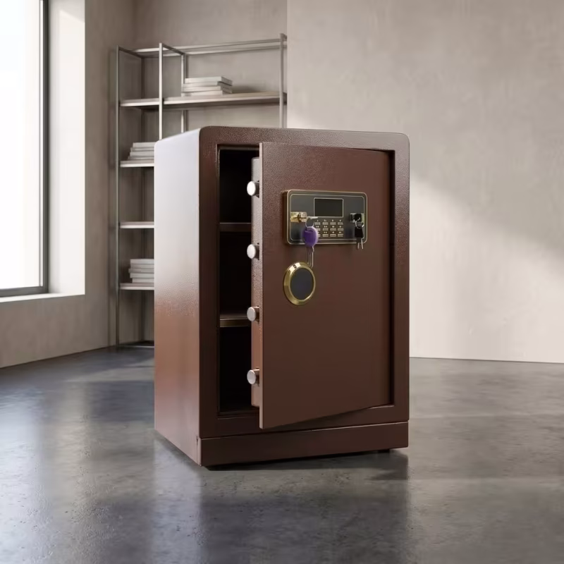 Fireproof Steel Security Safe Box featuring a matte bronze finish, an open reinforced door with thick metallic locking bolts, and a gold-trimmed digital keypad with manual keys.