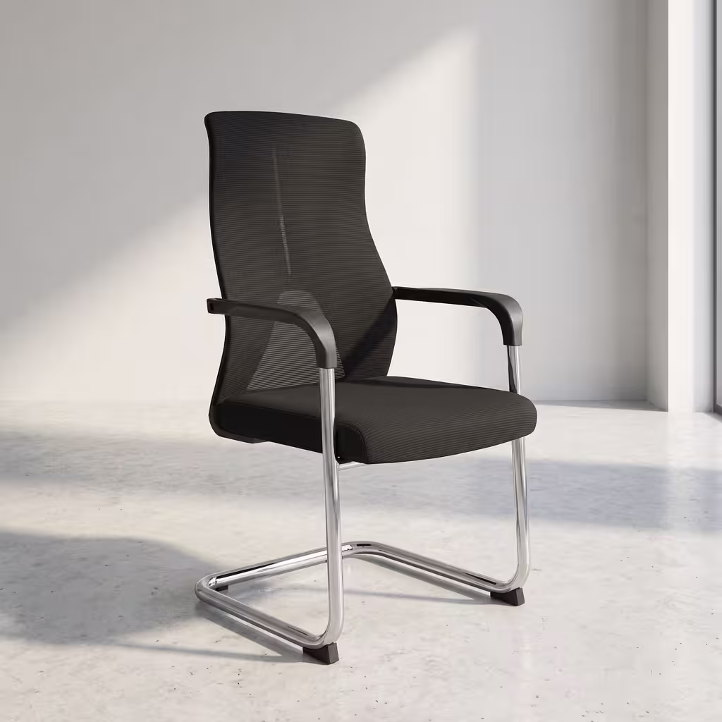 Black Mesh Cantilever Office Chair featuring a breathable black mesh high-back rest, black fabric seat cushion, fixed armrests, and a polished chrome S-shaped steel base.
