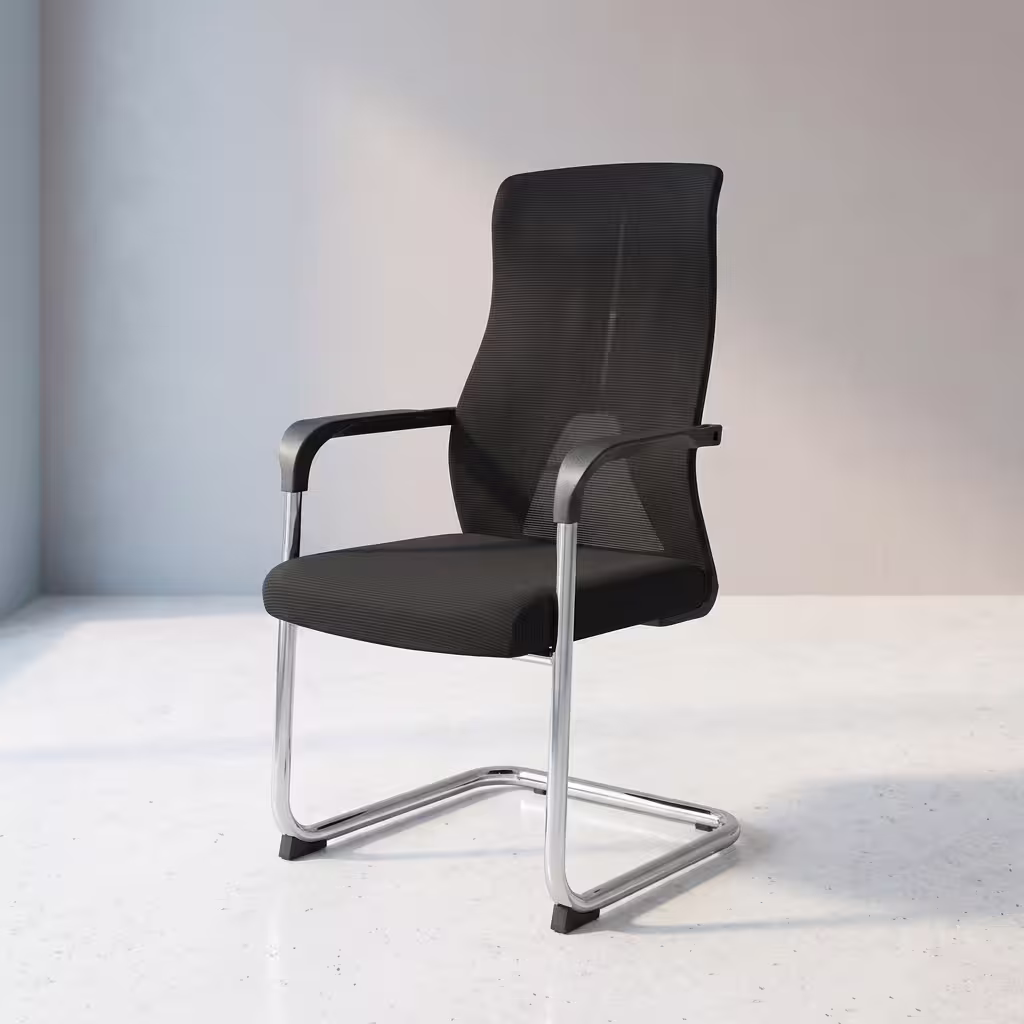Black Mesh Cantilever Office Chair featuring a breathable black mesh high-back rest, black fabric seat cushion, fixed armrests, and a polished chrome S-shaped steel base.