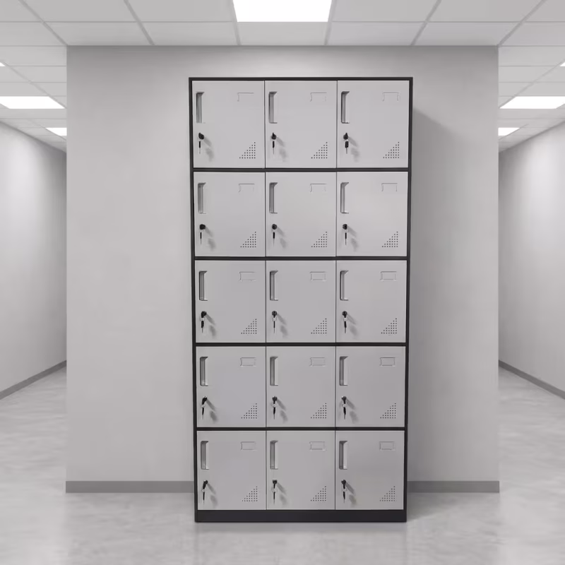 15 Door Metal Storage Locker featuring a matte gray powder-coated steel frame with 15 individual ventilated doors, label slots, and recessed lockable handles.