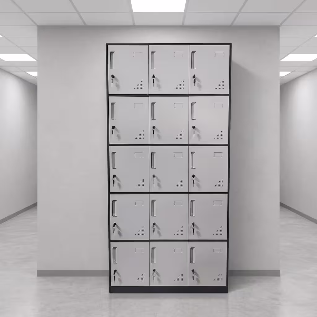 15 Door Metal Storage Locker featuring a matte gray powder-coated steel frame with 15 individual ventilated doors, label slots, and recessed lockable handles.