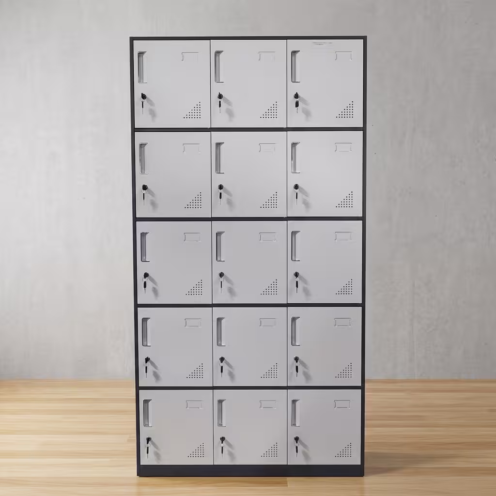 15 Door Metal Storage Locker featuring a matte gray powder-coated steel frame with 15 individual ventilated doors, label slots, and recessed lockable handles.