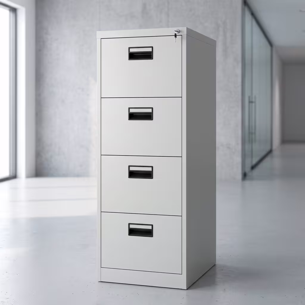 4 Drawer Metal Filing Cabinet featuring a matte charcoal steel frame, four vertical document drawers with sleek metal pull handles, and a top centralized key lock.