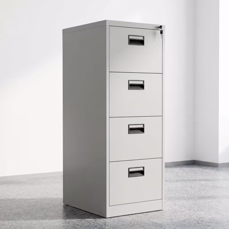 4 Drawer Metal Filing Cabinet featuring a matte charcoal steel frame, four vertical document drawers with sleek metal pull handles, and a top centralized key lock.