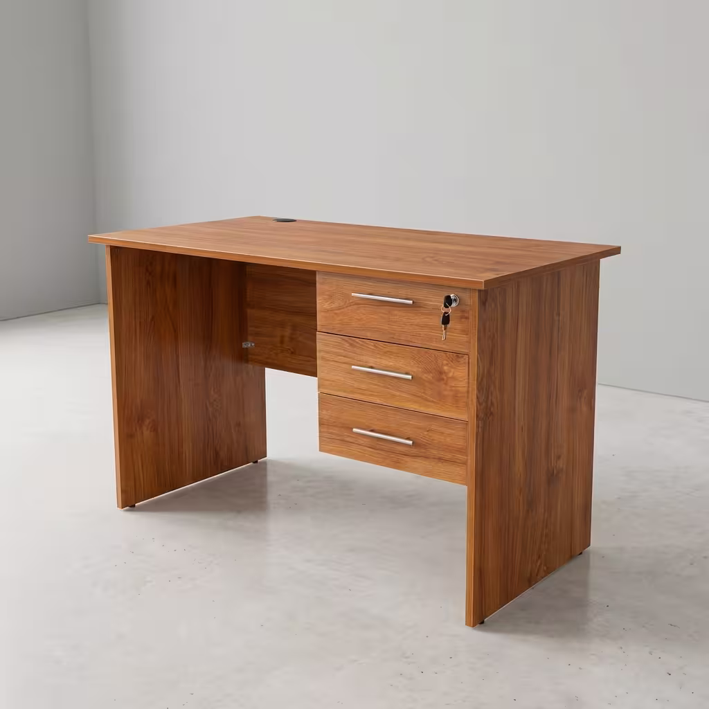 Wooden 3 Drawer Office Desk in a warm walnut finish featuring a spacious desktop with wire grommets and a integrated 3-drawer storage pedestal on the right side.