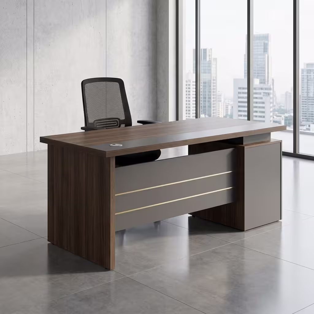 1.6M Walnut Grey Executive Desk featuring a spacious 1.6-meter walnut-finish top surface, matte grey side panel legs, and a built-in multi-drawer storage pedestal.