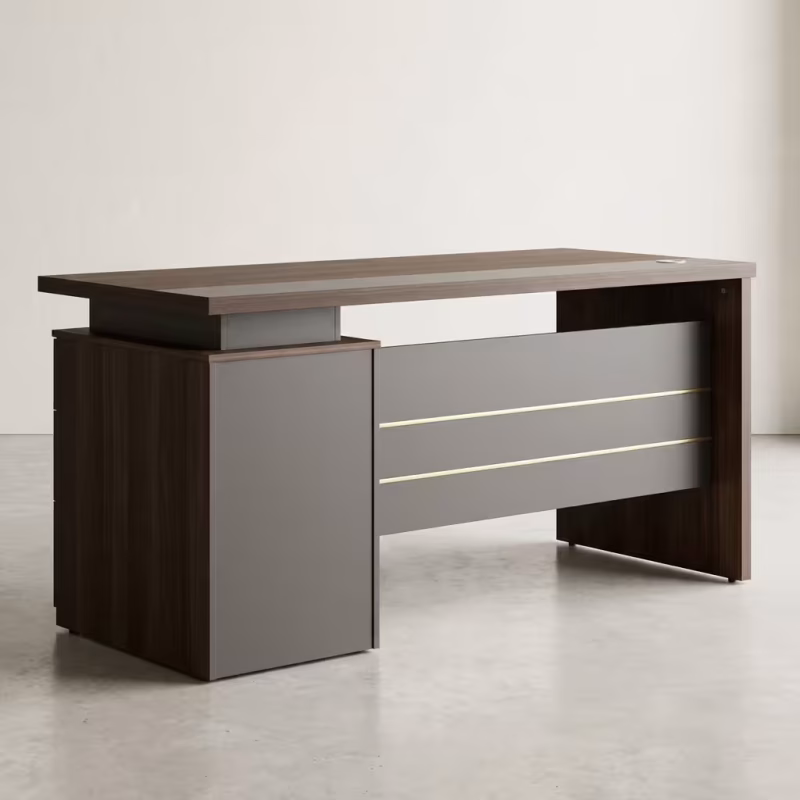 1.6M Walnut Grey Executive Desk featuring a spacious 1.6-meter walnut-finish top surface, matte grey side panel legs, and a built-in multi-drawer storage pedestal.