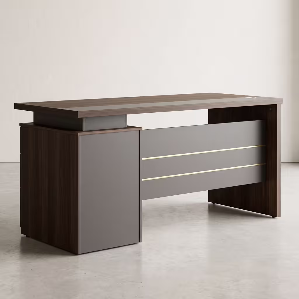 1.6M Walnut Grey Executive Desk featuring a spacious 1.6-meter walnut-finish top surface, matte grey side panel legs, and a built-in multi-drawer storage pedestal.