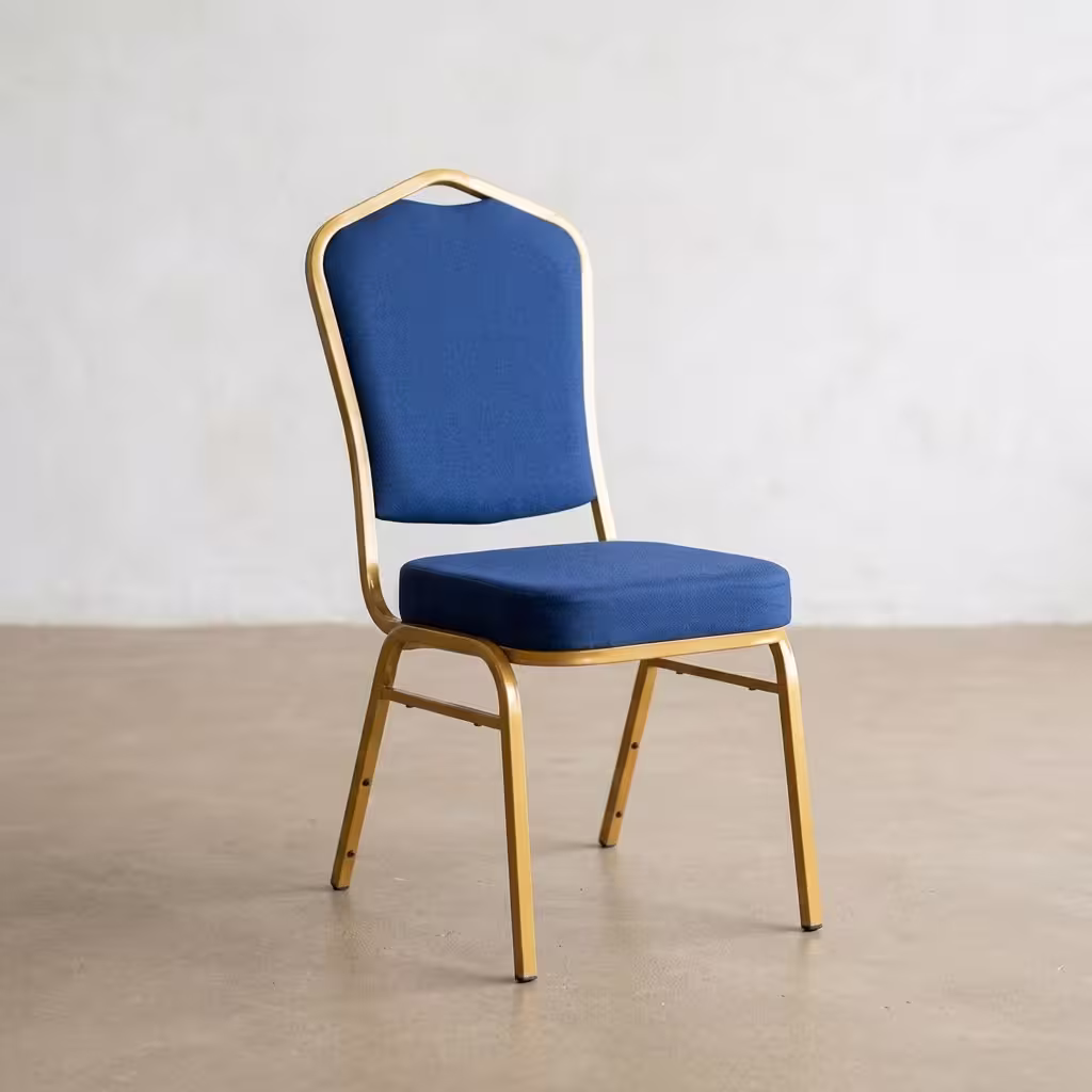 Blue Gold Banquet Chair featuring a vibrant royal blue fabric upholstered seat and crown backrest, supported by a metallic gold powder-coated steel frame with floor glides.