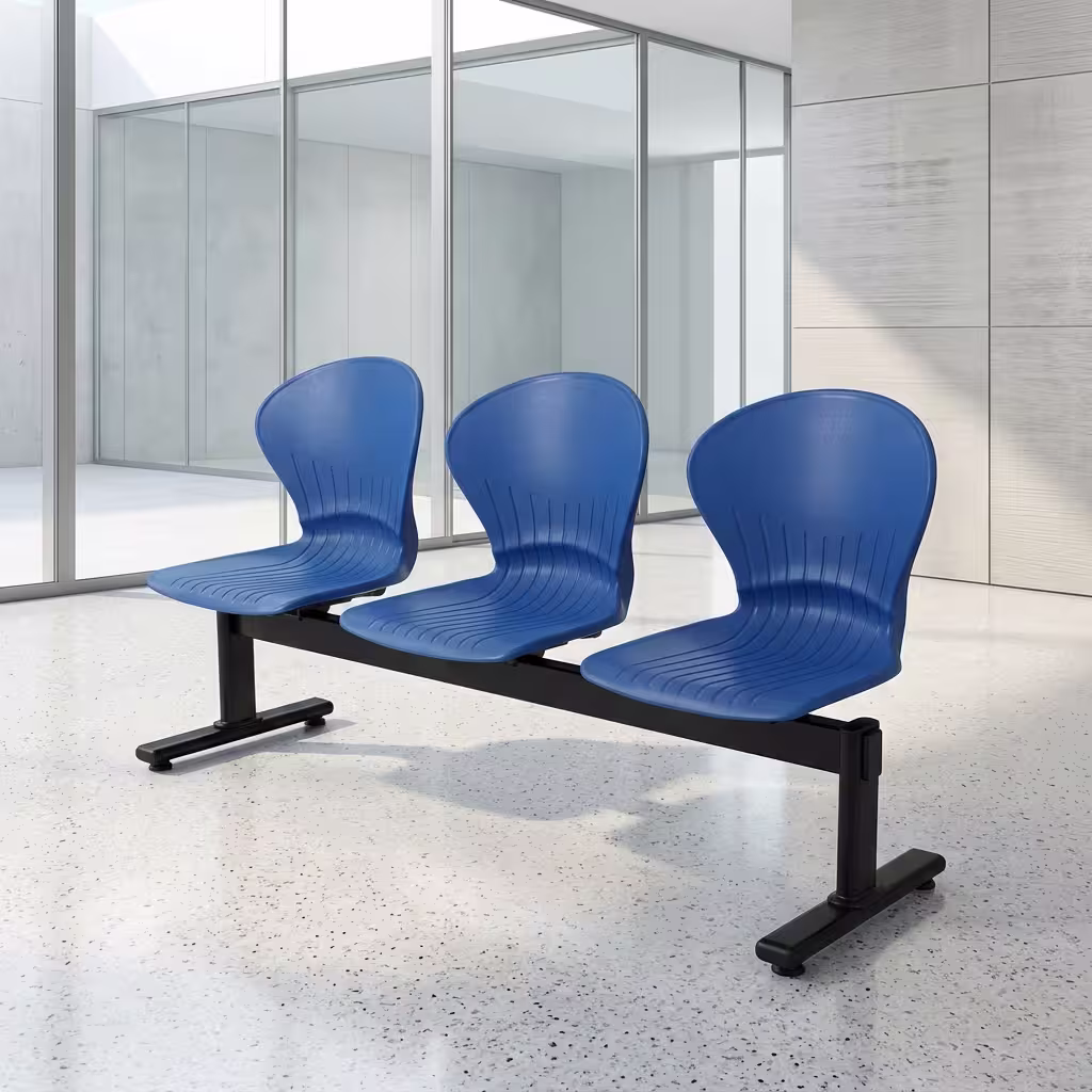 3 Link Office Waiting Bench featuring three metallic silver perforated steel seats, a black center support beam, and polished chrome armrests and legs.