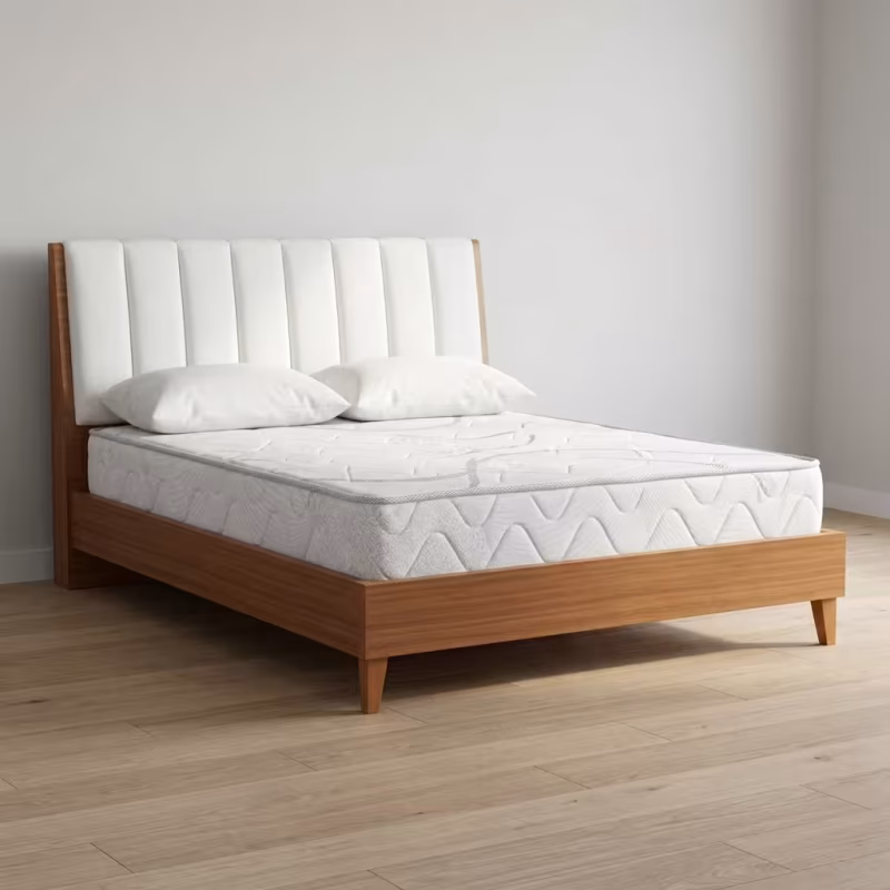 Modern Wood Platform Bed Frame featuring a rich walnut wood grain finish, an oversized horizontal slatted panel headboard, and a low-profile inset platform base.
