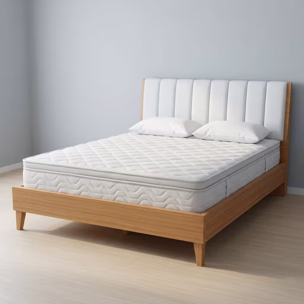 Modern Wood Platform Bed Frame featuring a rich walnut wood grain finish, an oversized horizontal slatted panel headboard, and a low-profile inset platform base.