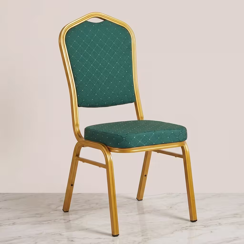 Green Gold Banquet Chair featuring an oval backrest, vibrant green patterned fabric upholstery with gold dot accents, and a metallic gold-finished steel frame.