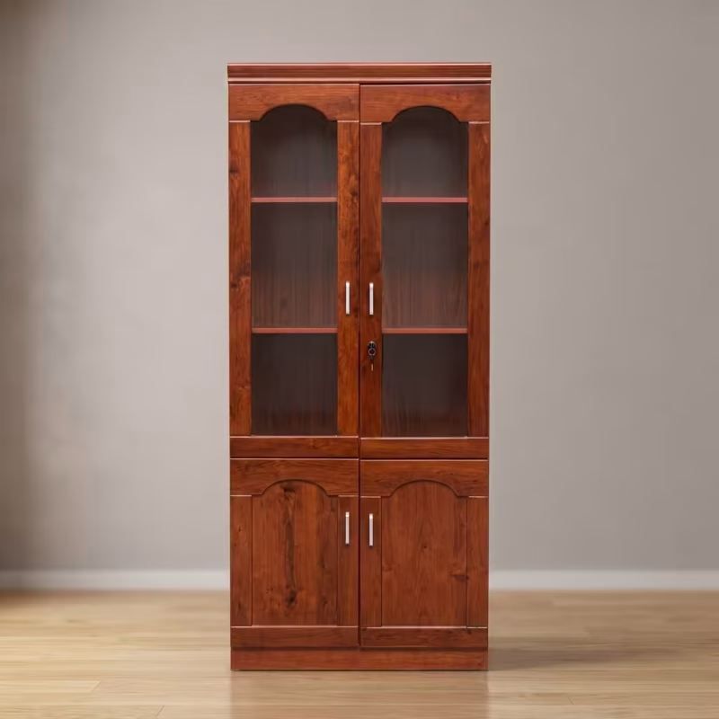 Wooden Glass Door Filing Cabinet featuring an upper section with two framed glass doors and a lower section with two solid wooden doors and silver vertical pull handles.