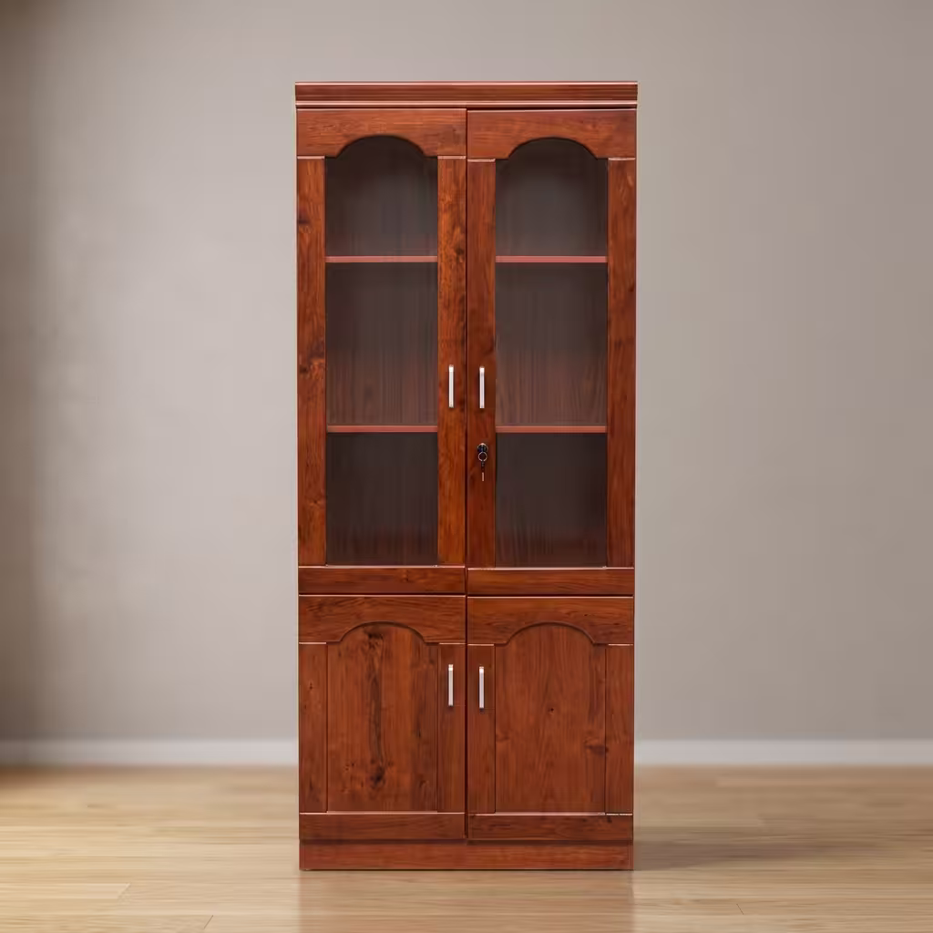 Wooden Glass Door Filing Cabinet featuring an upper section with two framed glass doors and a lower section with two solid wooden doors and silver vertical pull handles.
