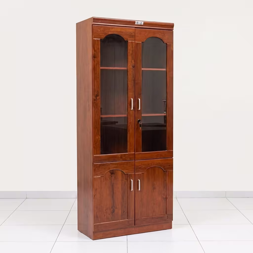 Wooden Glass Door Filing Cabinet featuring an upper section with two framed glass doors and a lower section with two solid wooden doors and silver vertical pull handles.