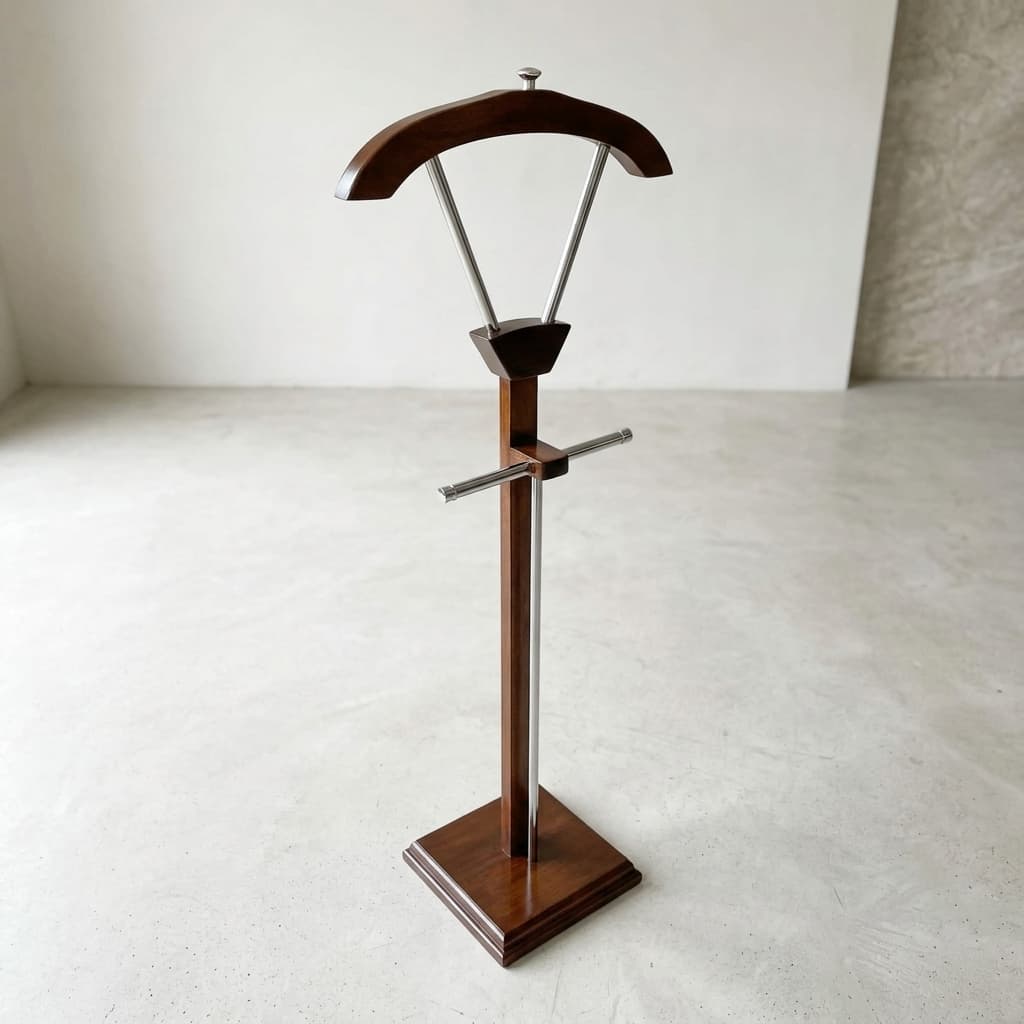Executive Wooden Coat Hanger featuring a rich mahogany solid wood frame, wide contoured shoulders, a non-slip pants bar, and a polished chrome swivel hook.
